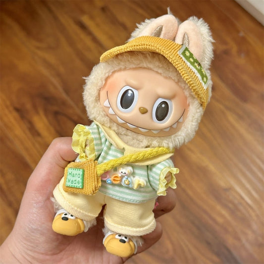 Stripe & Sweet Cream Set: Knit Dress + Trousers + Handmade Bag + Corduroy Hat for 17cm Labubu