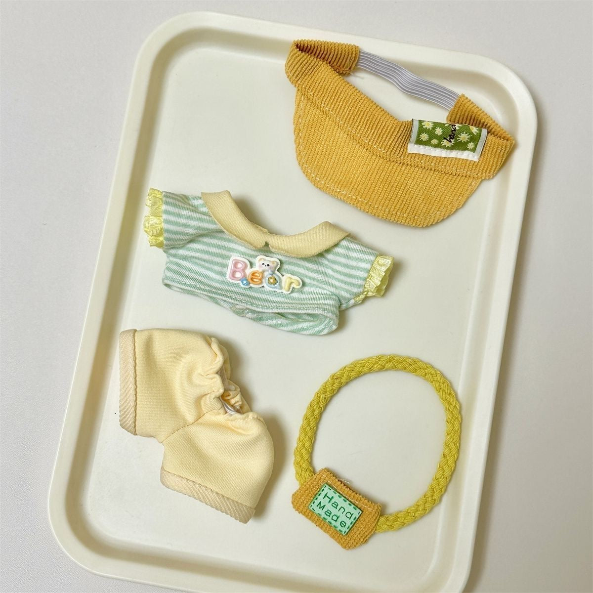 Stripe & Sweet Cream Set: Knit Dress + Trousers + Handmade Bag + Corduroy Hat for 17cm Labubu