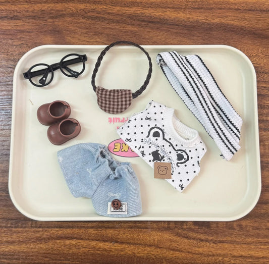 Little Explorer Set: Bear Print Vest + Light Wash Jeans + 4 Accessories for 17cm Labubu