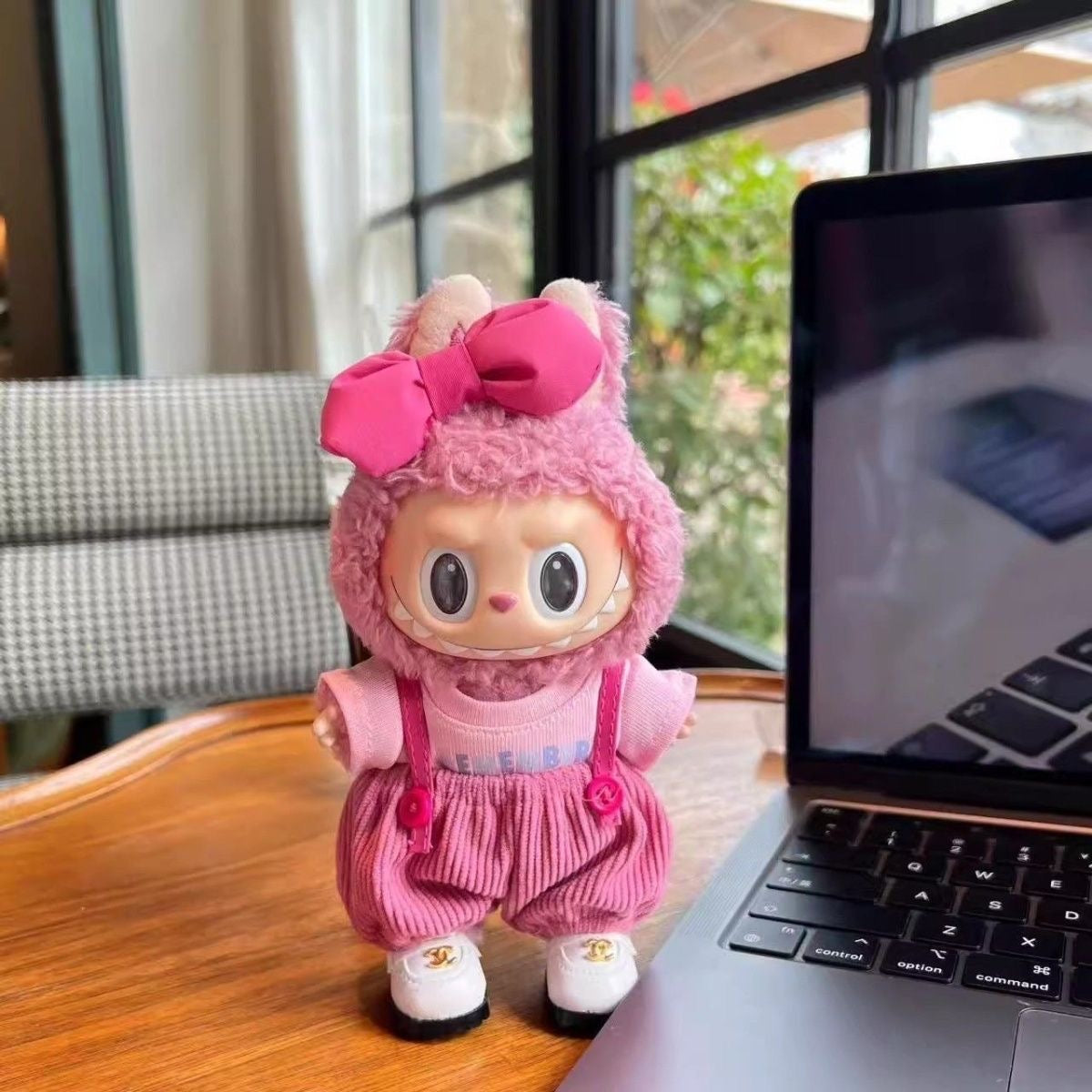 Lychee Berry Dream: Hot Pink Overalls & Bow Top Set for 17cm Labubu (Summer Cutie Outfit!)