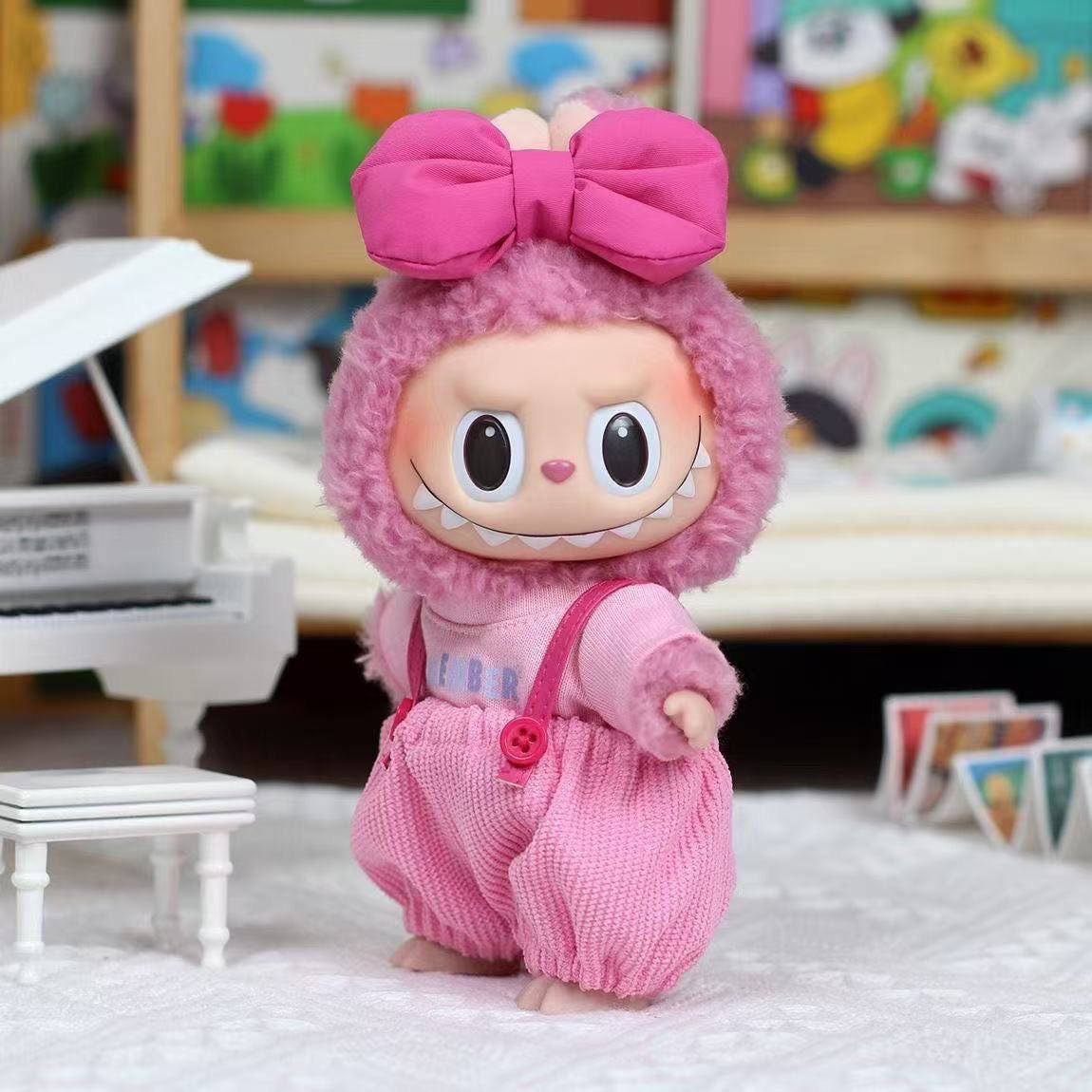 Lychee Berry Dream: Hot Pink Overalls & Bow Top Set for 17cm Labubu (Summer Cutie Outfit!)