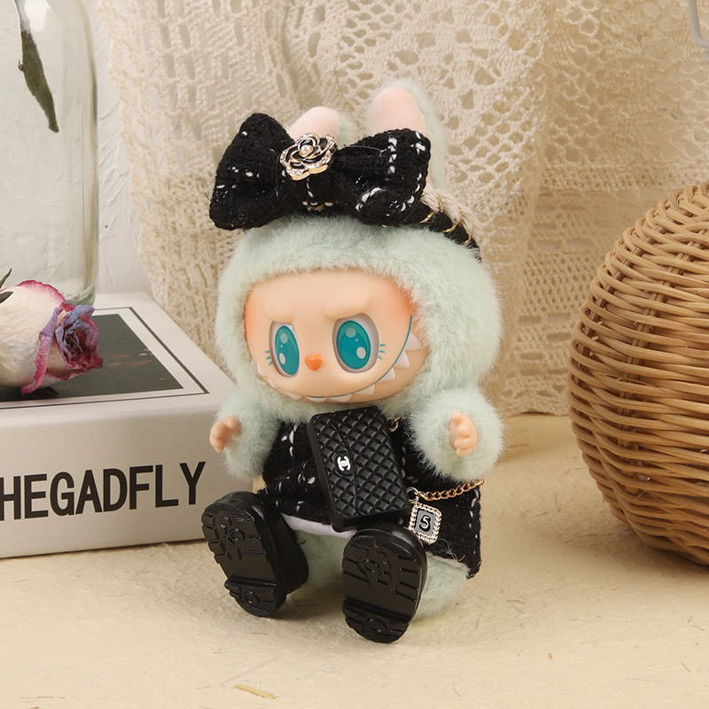 Chanel-Inspired Tweed Set for 17cm Labubu - Camellia Dress + Bow + Purse (Luxury Doll Couture)