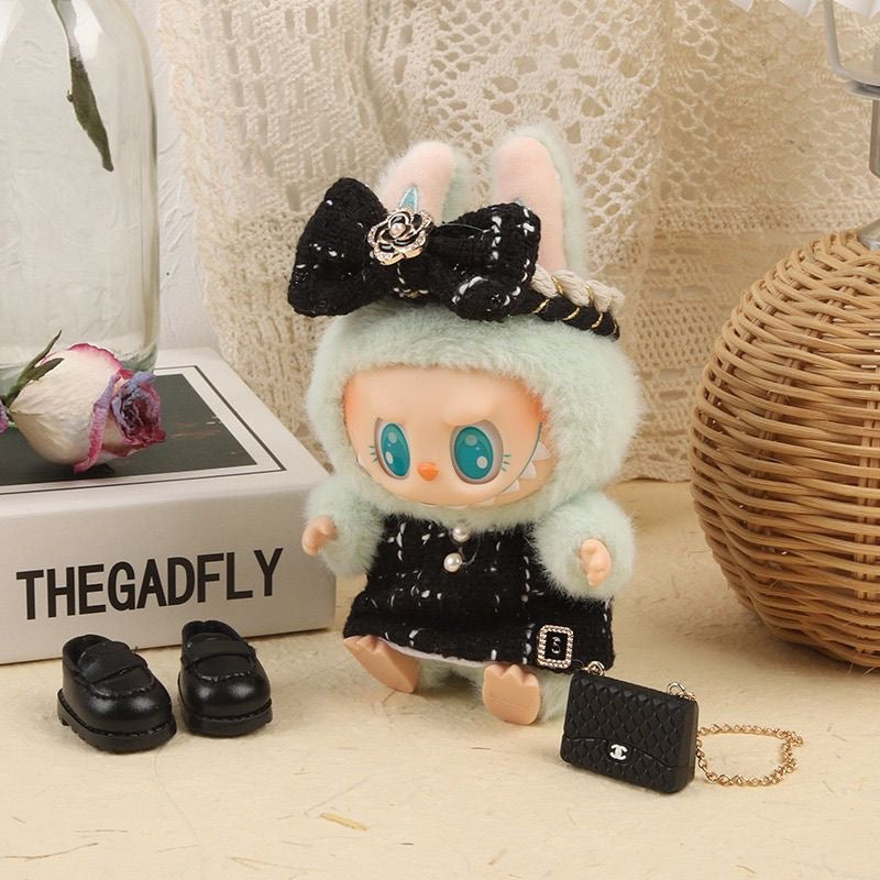 Chanel-Inspired Tweed Set for 17cm Labubu - Camellia Dress + Bow + Purse (Luxury Doll Couture)