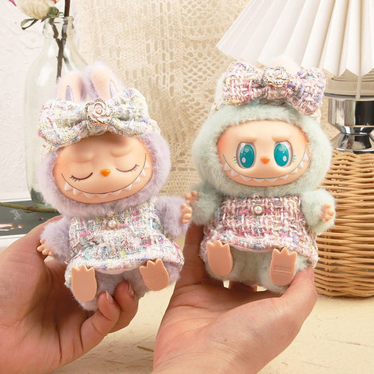 Chanel-Inspired Tweed Set for 17cm Labubu - Camellia Dress + Bow + Purse (Luxury Doll Couture)