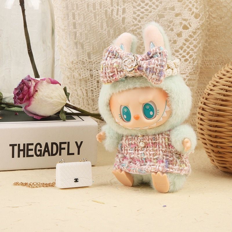 Chanel-Inspired Tweed Set for 17cm Labubu - Camellia Dress + Bow + Purse (Luxury Doll Couture)