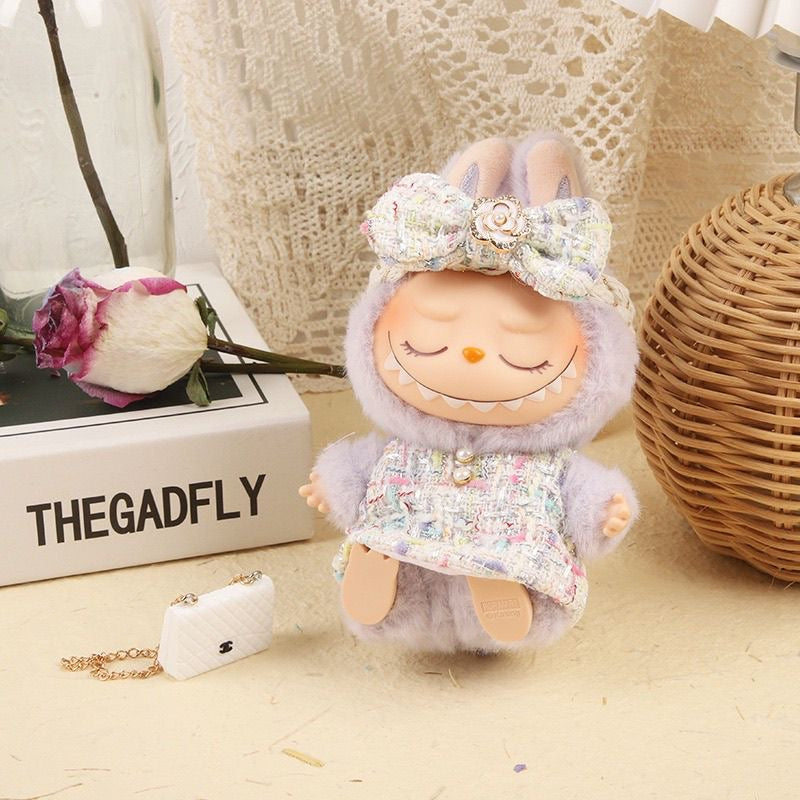 Chanel-Inspired Tweed Set for 17cm Labubu - Camellia Dress + Bow + Purse (Luxury Doll Couture)