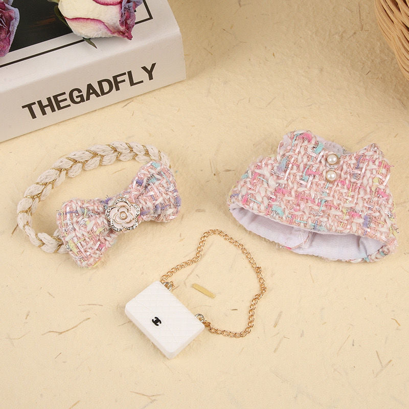 Chanel-Inspired Tweed Set for 17cm Labubu - Camellia Dress + Bow + Purse (Luxury Doll Couture)