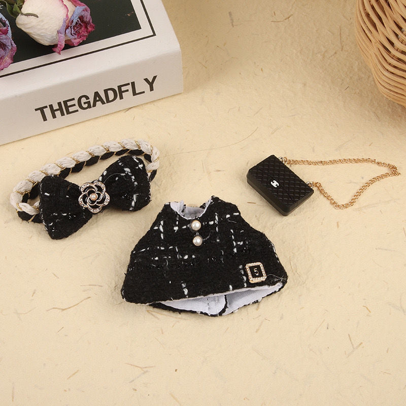 Chanel-Inspired Tweed Set for 17cm Labubu - Camellia Dress + Bow + Purse (Luxury Doll Couture)