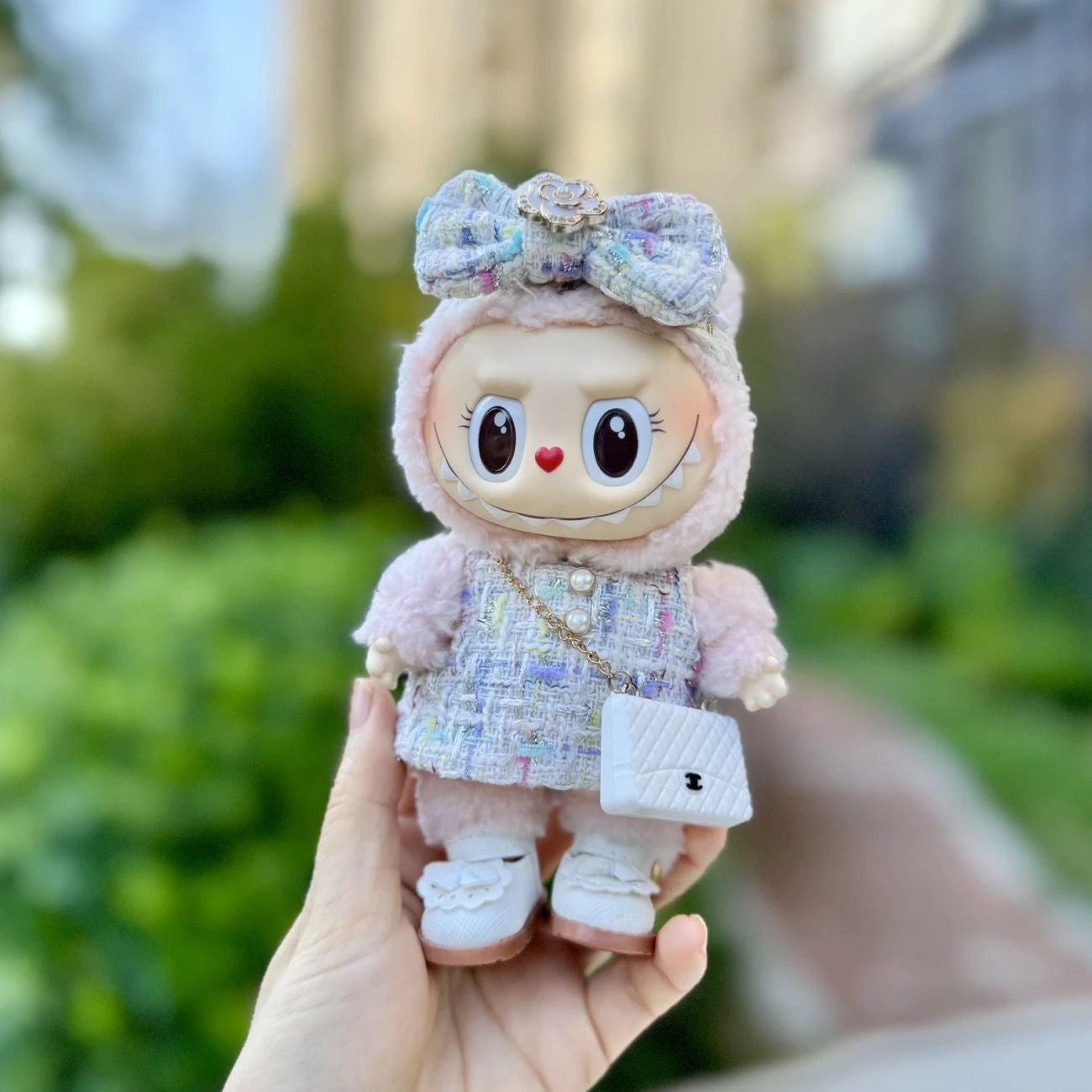 Chanel-Inspired Tweed Set for 17cm Labubu - Camellia Dress + Bow + Purse (Luxury Doll Couture)
