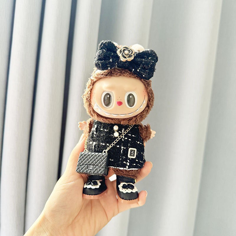 Chanel-Inspired Tweed Set for 17cm Labubu - Camellia Dress + Bow + Purse (Luxury Doll Couture)