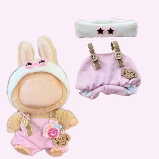 Sweet Creamy Yellow Overalls + Star Headpiece + Vintage Camera Set for 17cm Labubu Doll
