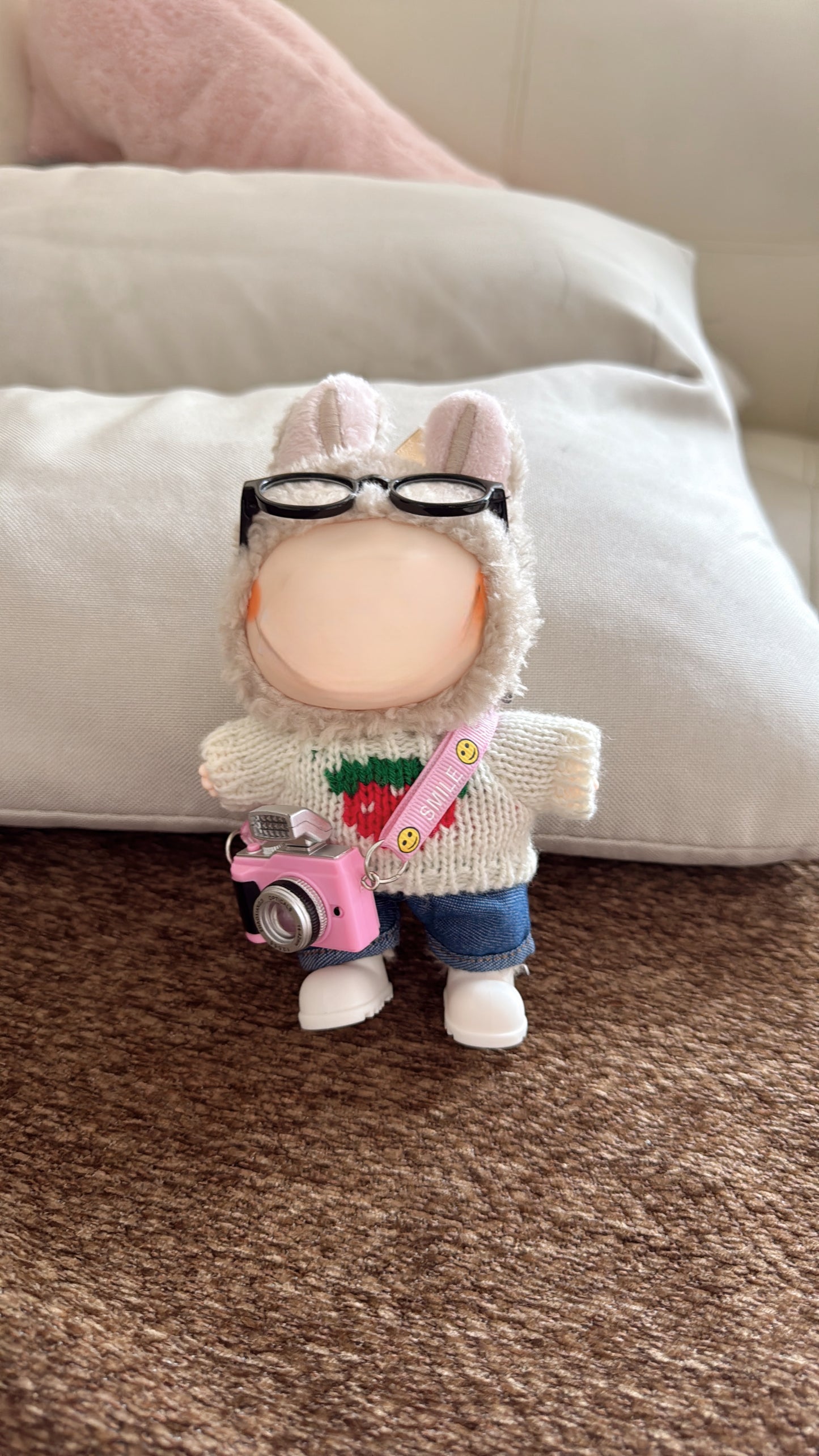 Labubu Doll Cozy Set: Cream Knit Sweater, Jeans, Glasses & Pink Camera